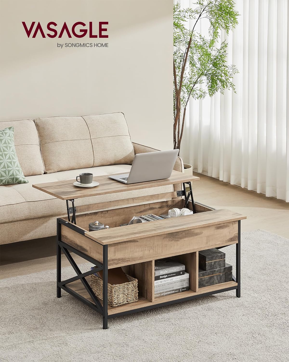 VASAGLE Masa de cafea cu inaltime reglabila, spatiu de depozitare ascuns, 60x100x(48-62) cm, gri stejar