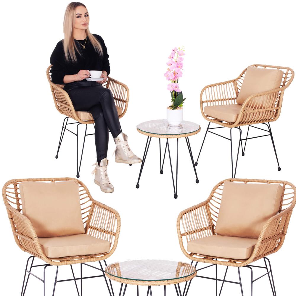 Set mobilier terasa, din tehnorattan, masa cu blat sticla securizata, 2 fotolii cu perne, maro