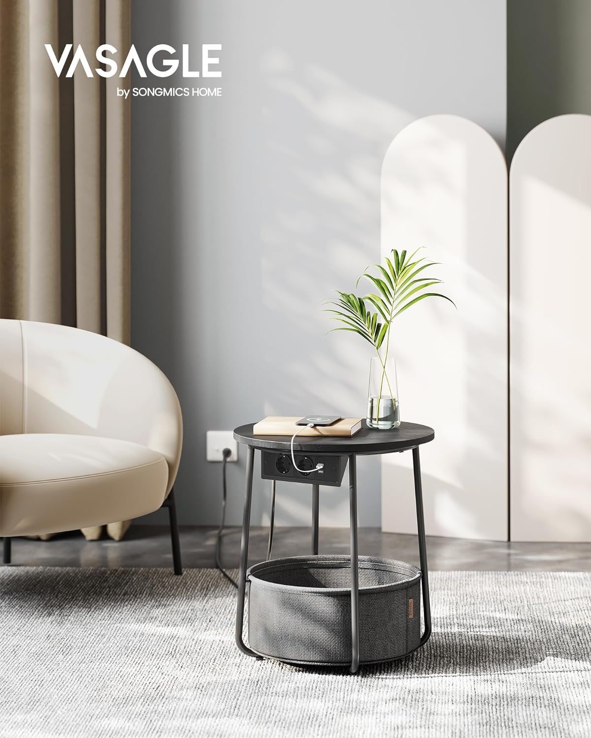 VASAGLE Masuta de cafea rotunda cu cos de stofa, statie de incarcare 2 prize si 2 USB, 45x50cm, negru