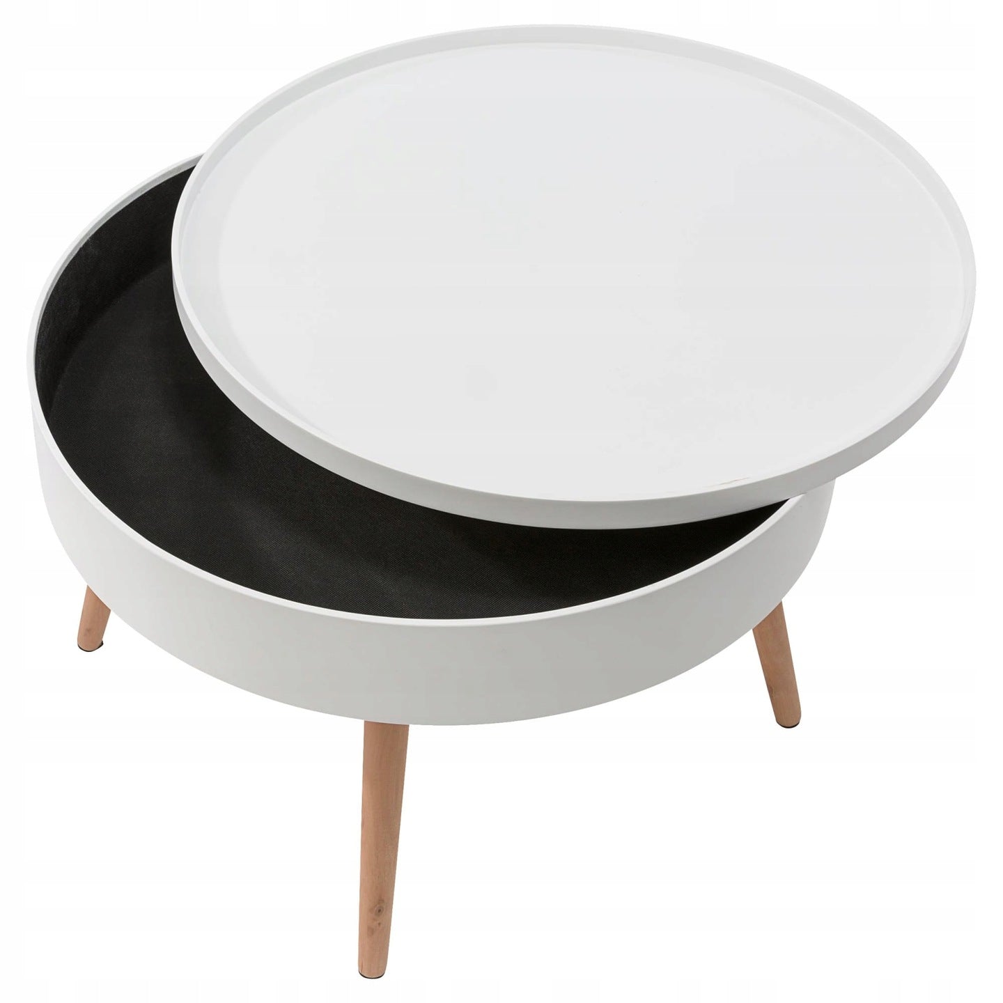 Masuta de cafea rotunda 60x40 cm, cu blat detasabil si spatiu depozitare, picioare din lemn de pin, alba