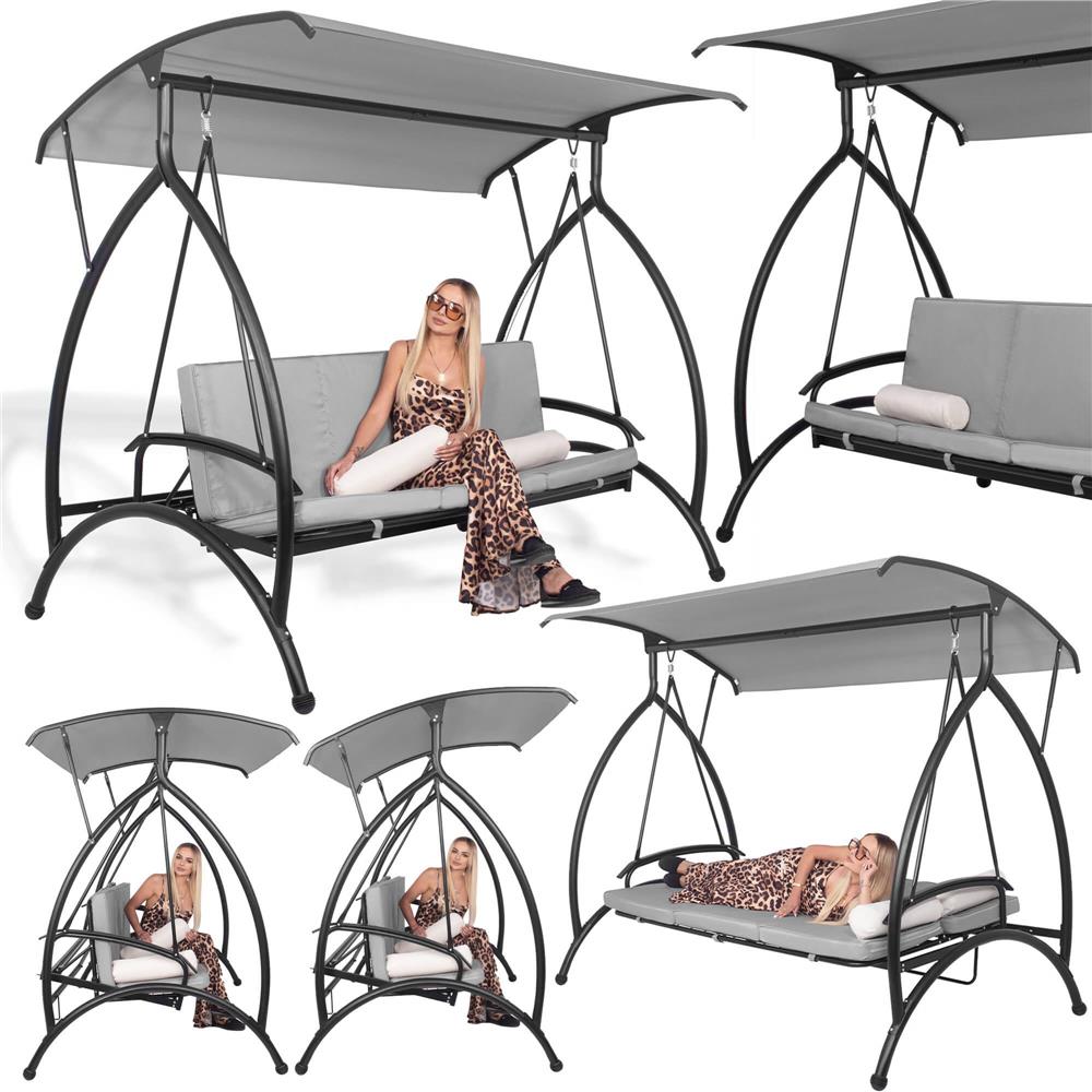 Balansoar gradina 230x136x190 cm, 2 in 1 leagan si pat, copertina reglabila, saltea si perne incluse, cadru otel, gri si ecru