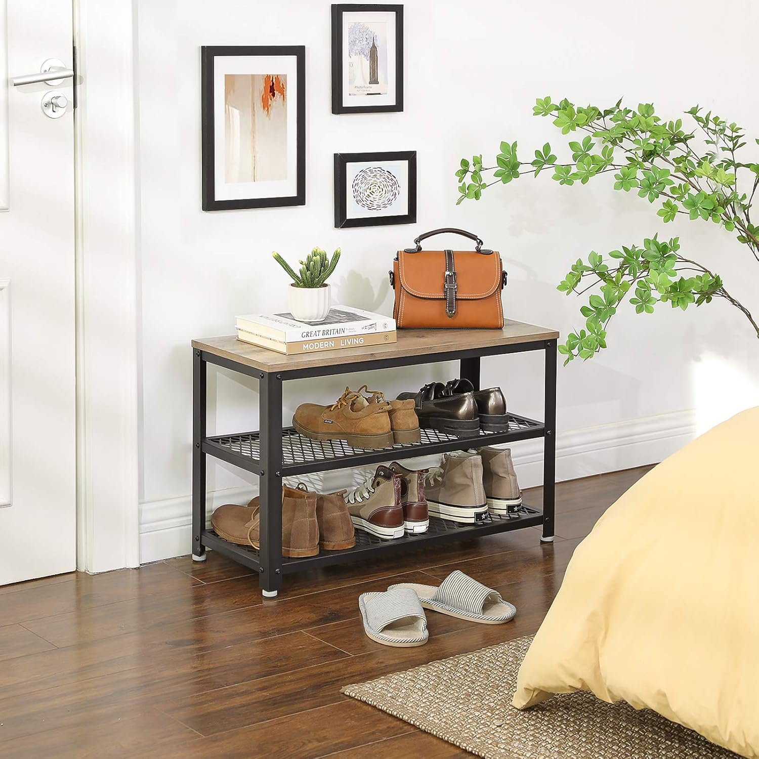 VASAGLE Raft pentru pantofi cu 2 polite, 73x30x45cm, otel, stil industrial, gri stejar si negru