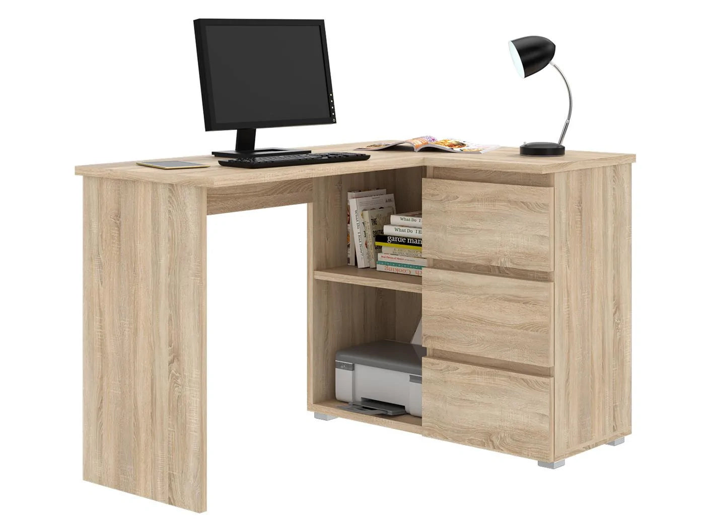 Birou colt Norge cu 3 sertare si 2 rafturi, 124x89x75 cm, stejar - 3