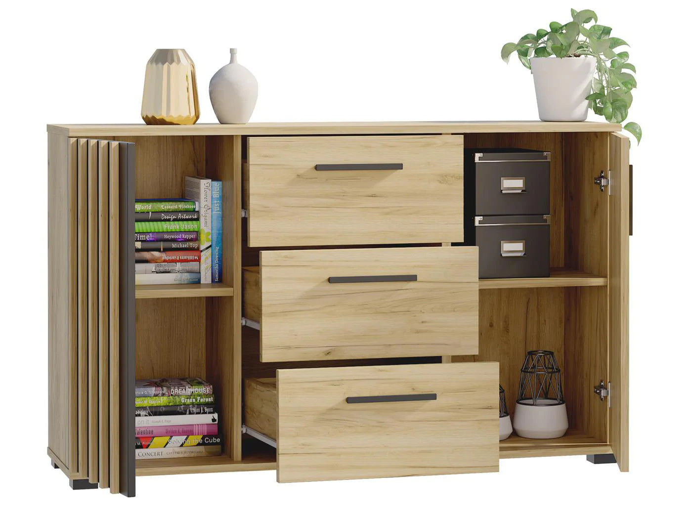 Comoda moderna cu 3 sertare si 2 usi, 140x38x80 cm, finisaj negru craft - 3