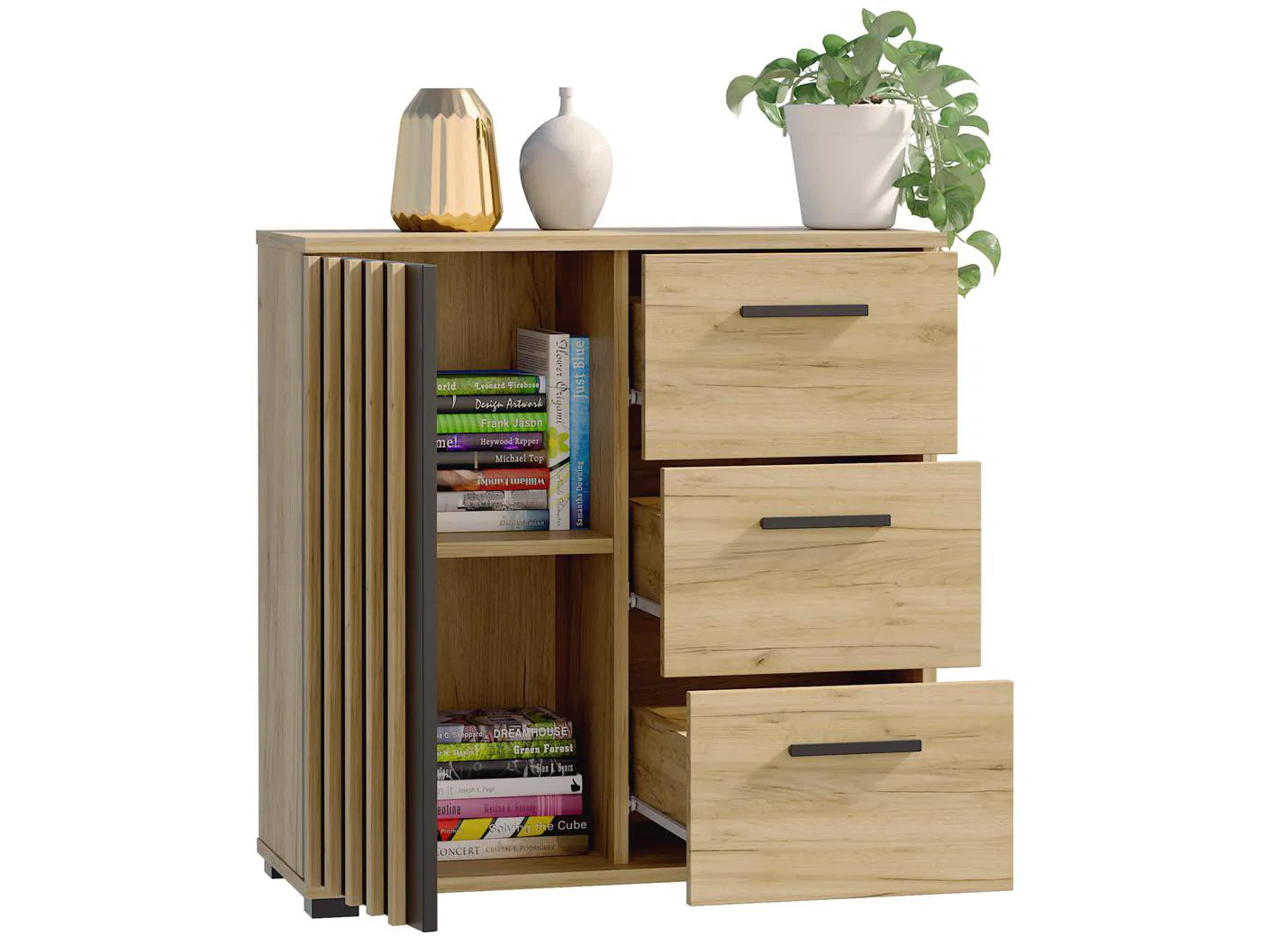 Comoda Montana 80 cu 3 sertare si 1 usa, 81x37x80 cm, negru si stejar craft - 3