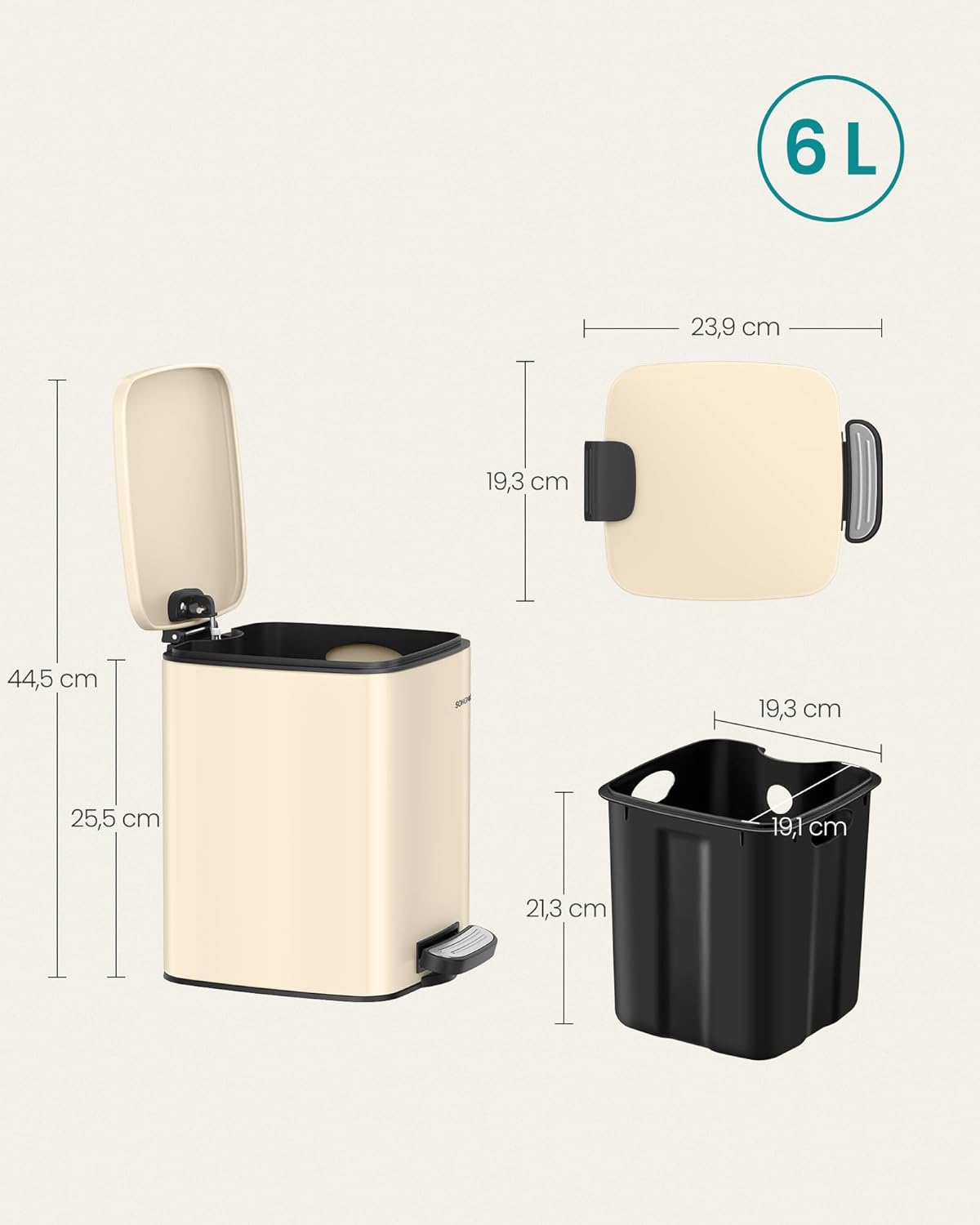 SONGMICS Cos de gunoi pentru baie, cu pedala si soft-close, 6 litri, bej