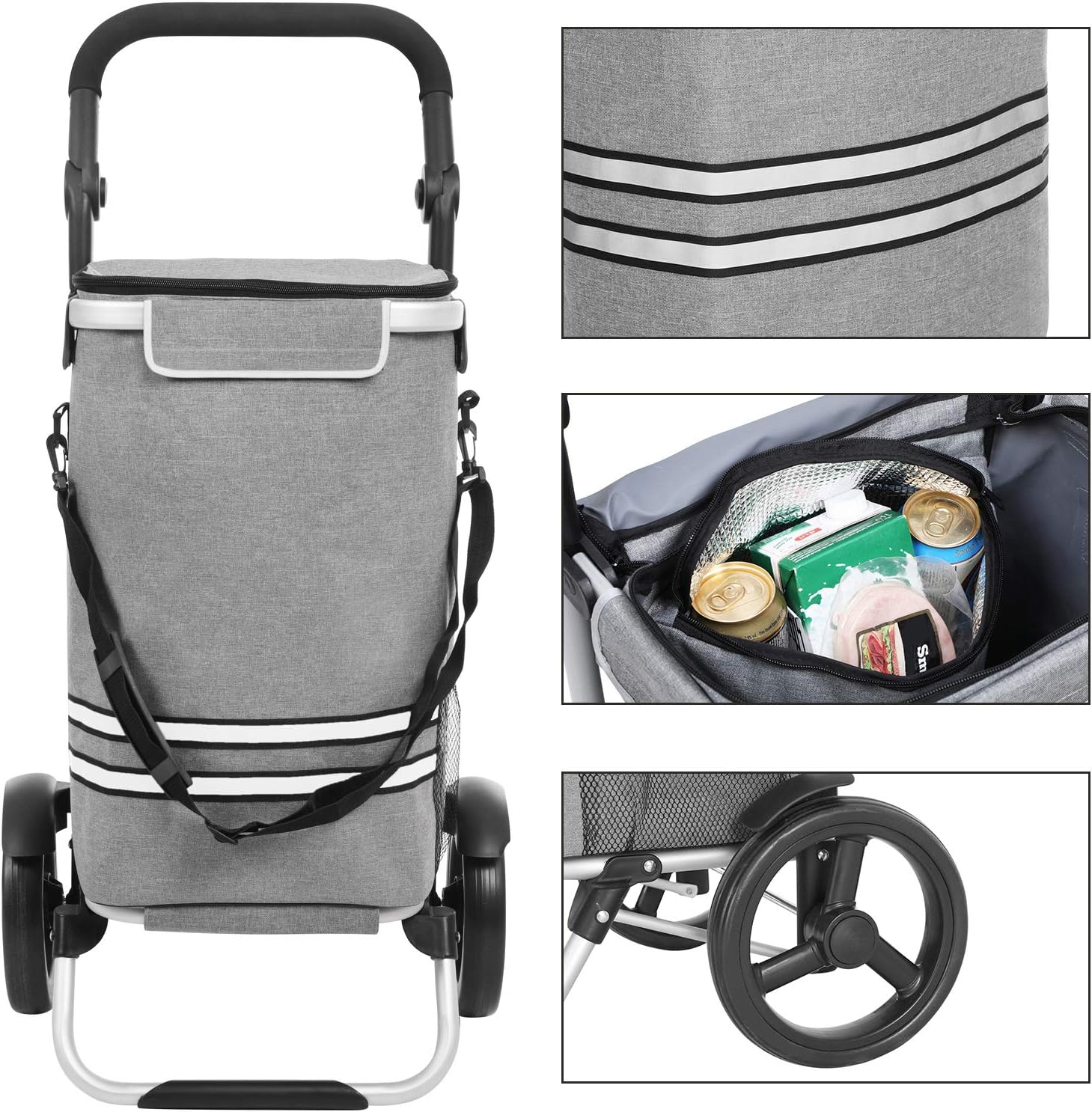 SONGMICS Carucior de cumparaturi piata, pliabil, compartiment frigorific, multifunctional, 44x35x100 cm, gri