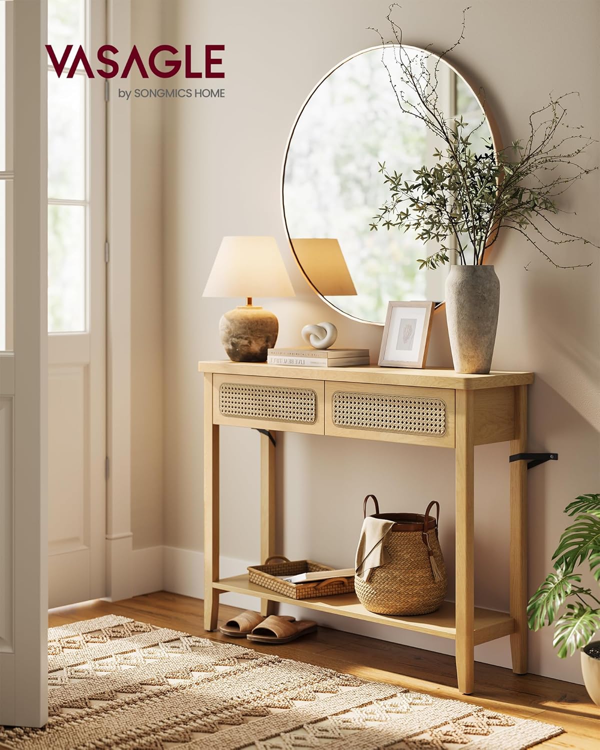 VASAGLE Consola hol 100x30x80 cm, 2 sertare, raft deschis, colturi rotunjite, stil boho, MDF si ratan PVC, bej stejar
