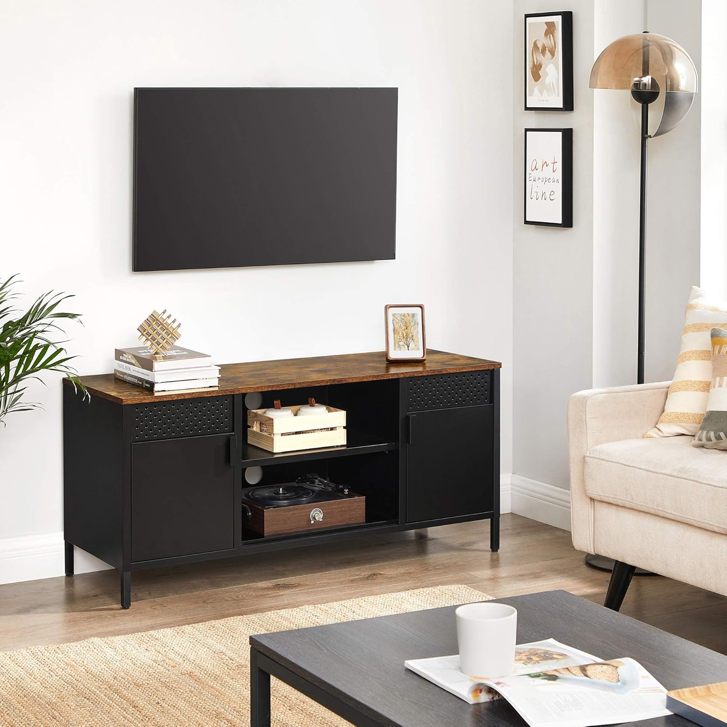 SONGMICS Comoda TV 120x40x55 cm, 3 rafturi reglabile, 2 usi, stil vintage, PAL si otel, maro-negru mat