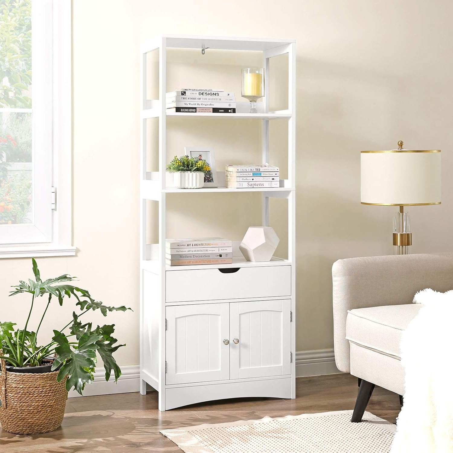 VASAGLE Dulap inalt baie cu 3 rafturi, 1 sertar si 1 dulap, din MDF, 60x33x154 cm, alb