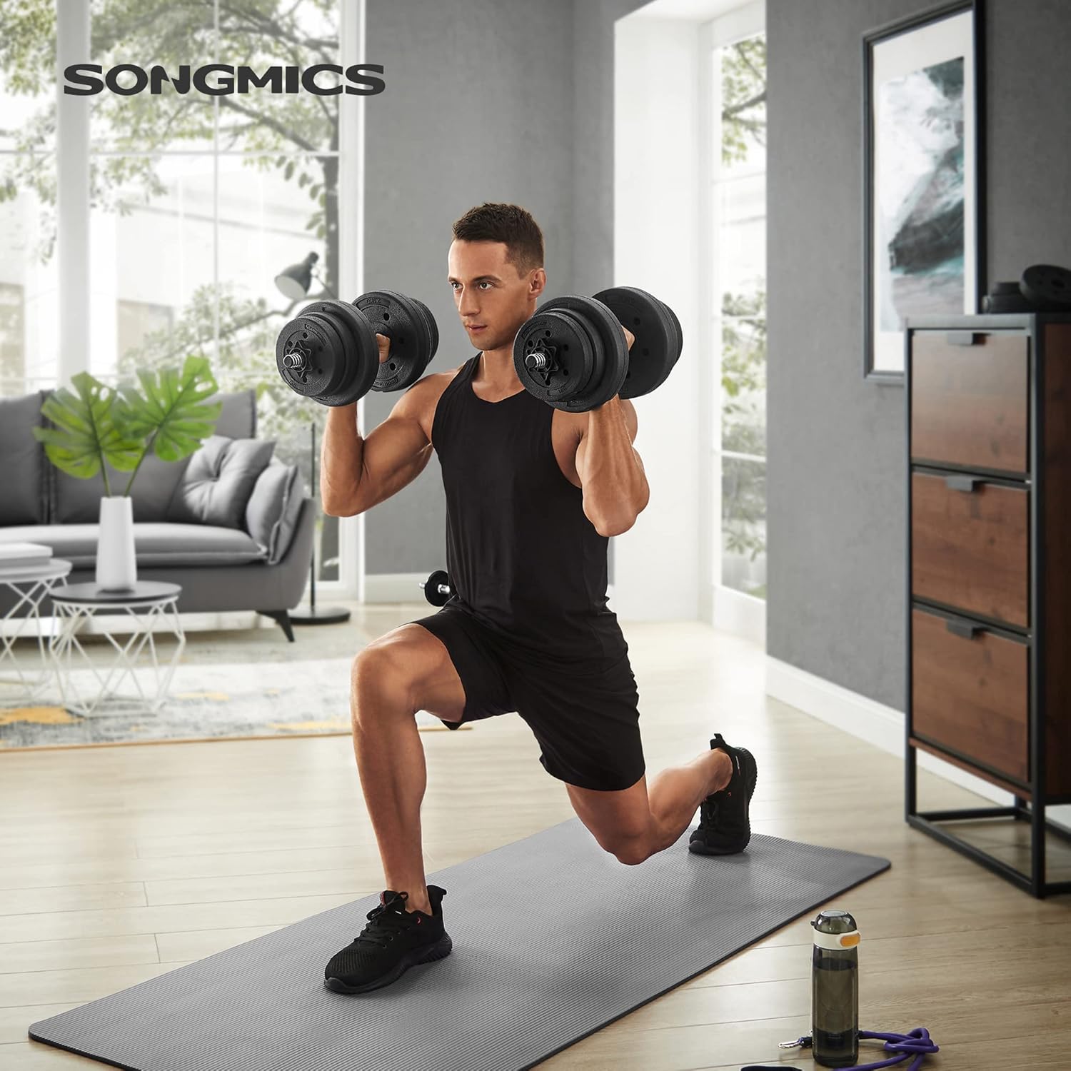 SONGMICS set gantere reglabile 2 in 1, 20 kg, cu bara extensie pentru haltera, discuri cu umplutura beton, negru