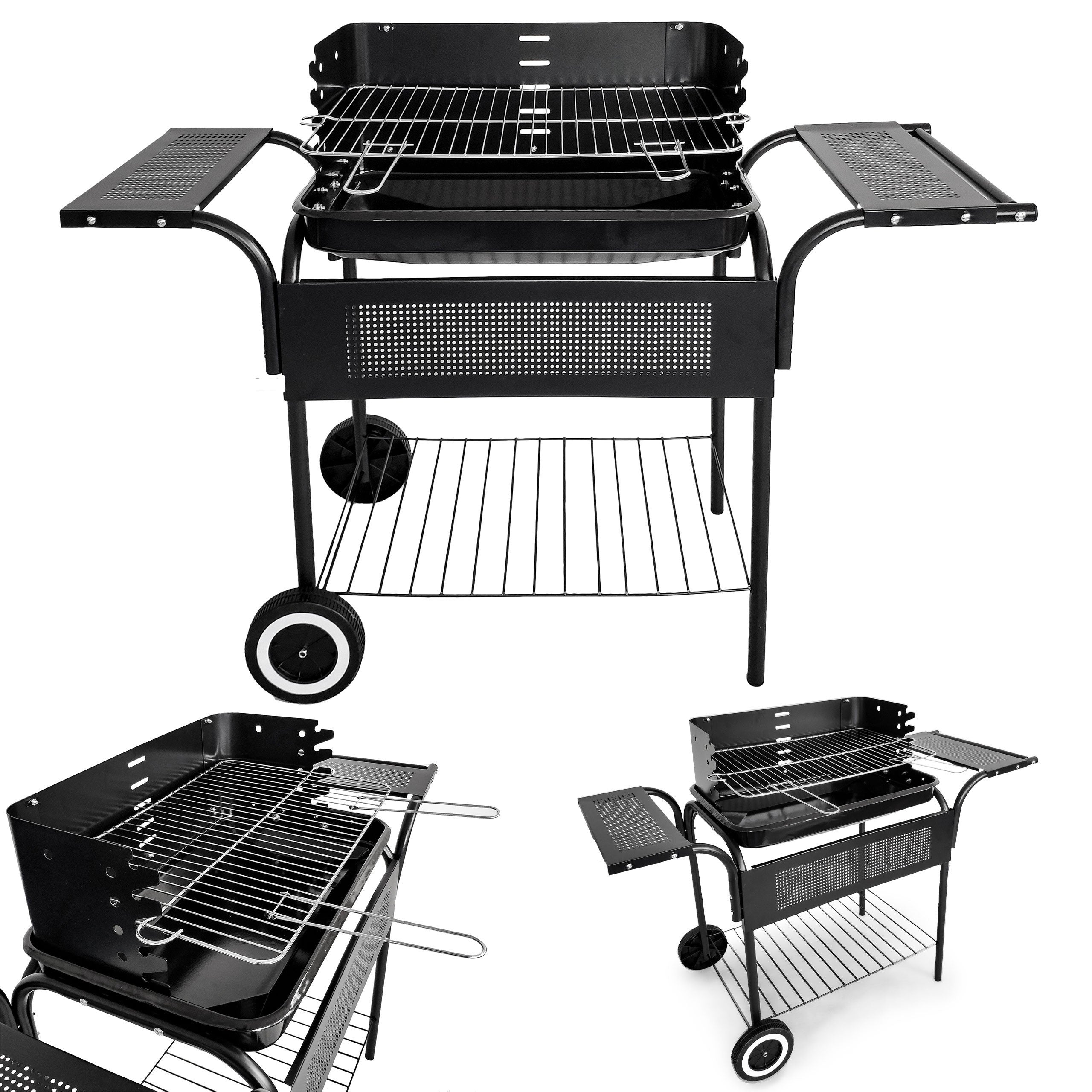 Gratar gradina 113x40x80 cm, gratar cromat 53x34 cm, 5 trepte reglaj, 3 rafturi si roti pentru mobilitate