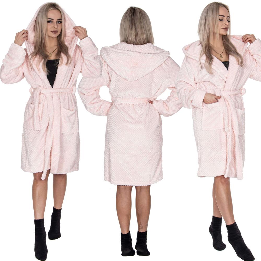 Halat de baie pentru femei pana la genunchi, cu gluga, marimea L/XL, roz