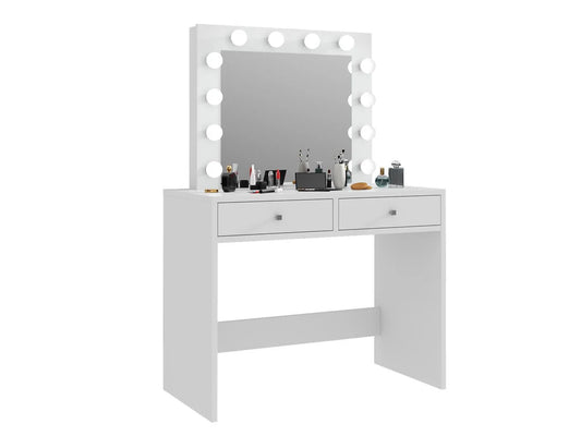 Masa de toaleta si machiaj Mega 12 LED, 100x50x144 cm, cu oglinda iluminata si 2 sertare, alb - 2