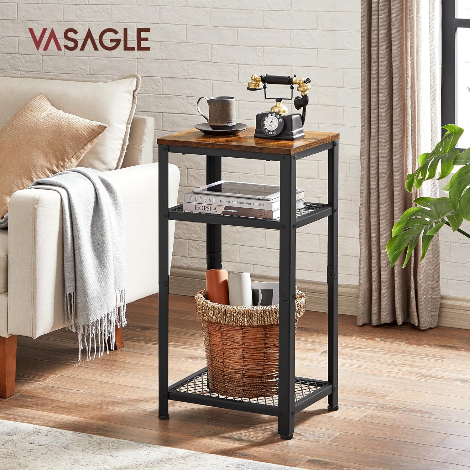 VASAGLE Masuta laterala 40x30x75 cm, cu 2 rafturi grilaj si blat, otel si PAL, maro rustic si negru