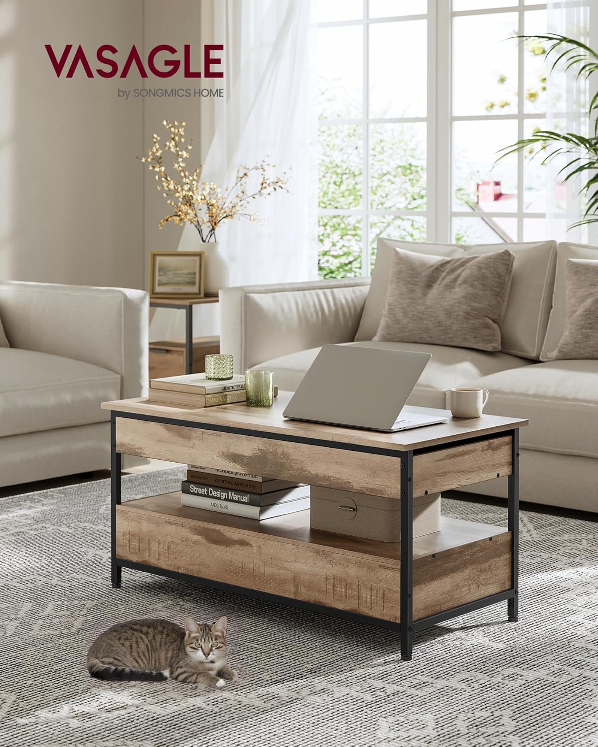 VASAGLE Masuta de cafea cu blat rabatabil 100x50 cm, 5 compartimente, stil industrial, PAL si otel, maro-negru