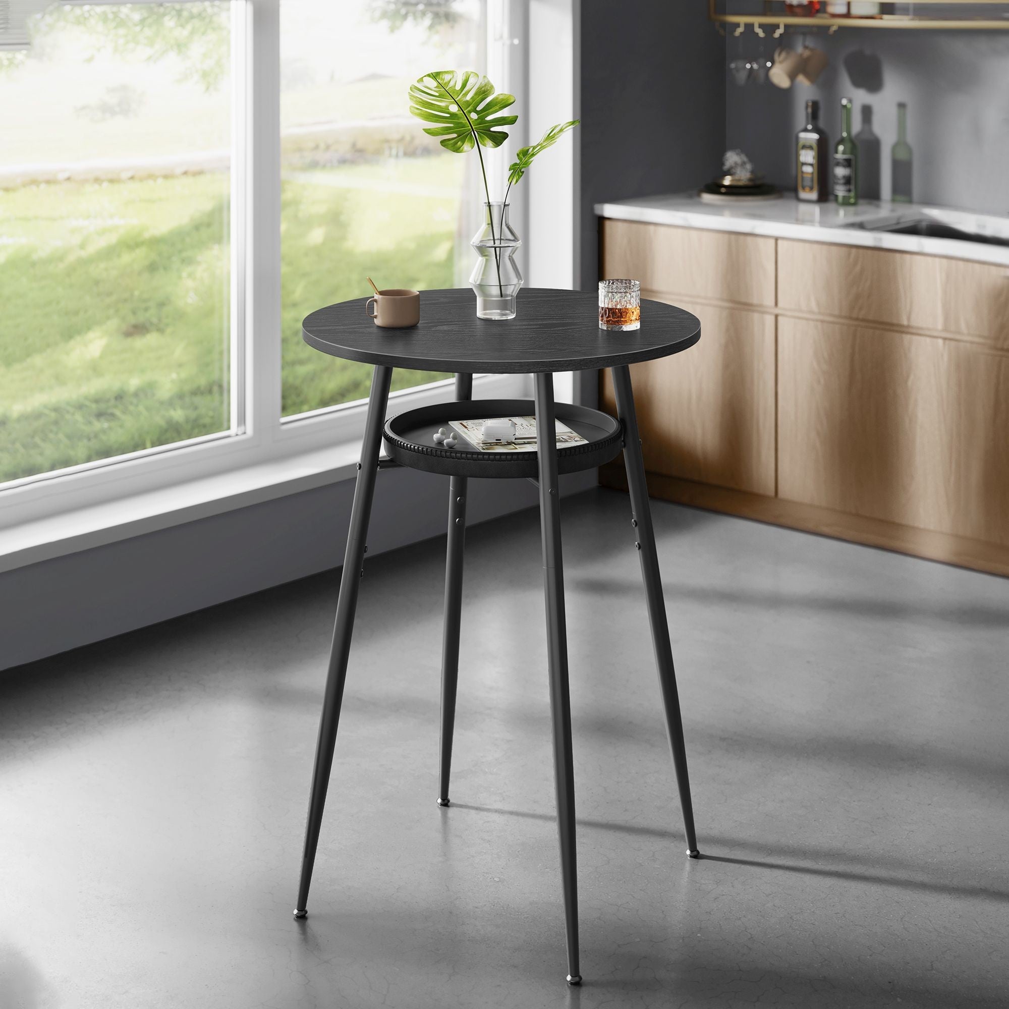 VASAGLE Masa de bar neagra, 70x70x91 cm – design elegant cu piele artificiala, blat 60 cm, stabila si usor de asamblat