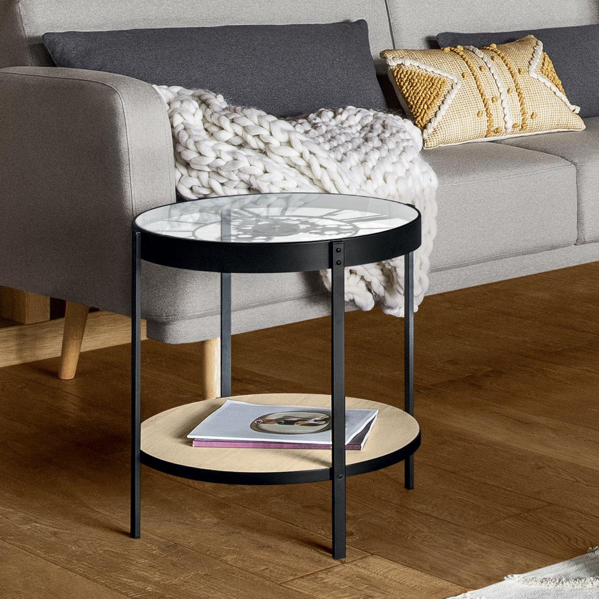 Masuta cafea Atmosphera Meca cu blat sticla si mecanism ceas decorativ, 50x51 cm, negru