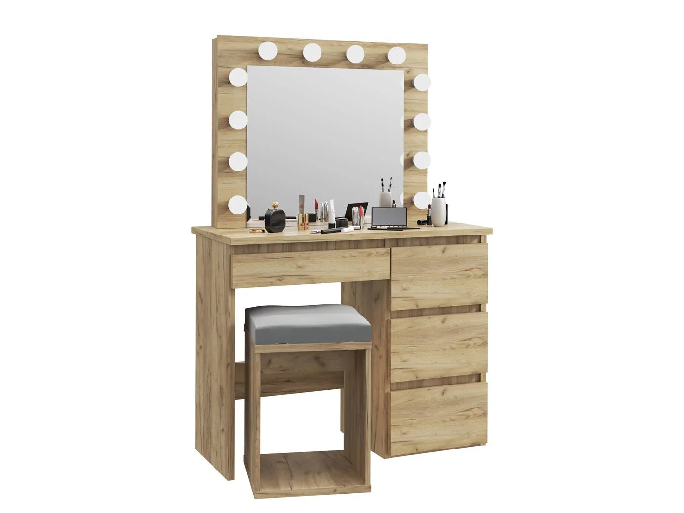 Masa de toaleta si machiaj Hollywood cu oglinda LED si 4 sertare, 94x43x140 cm, craft - 4