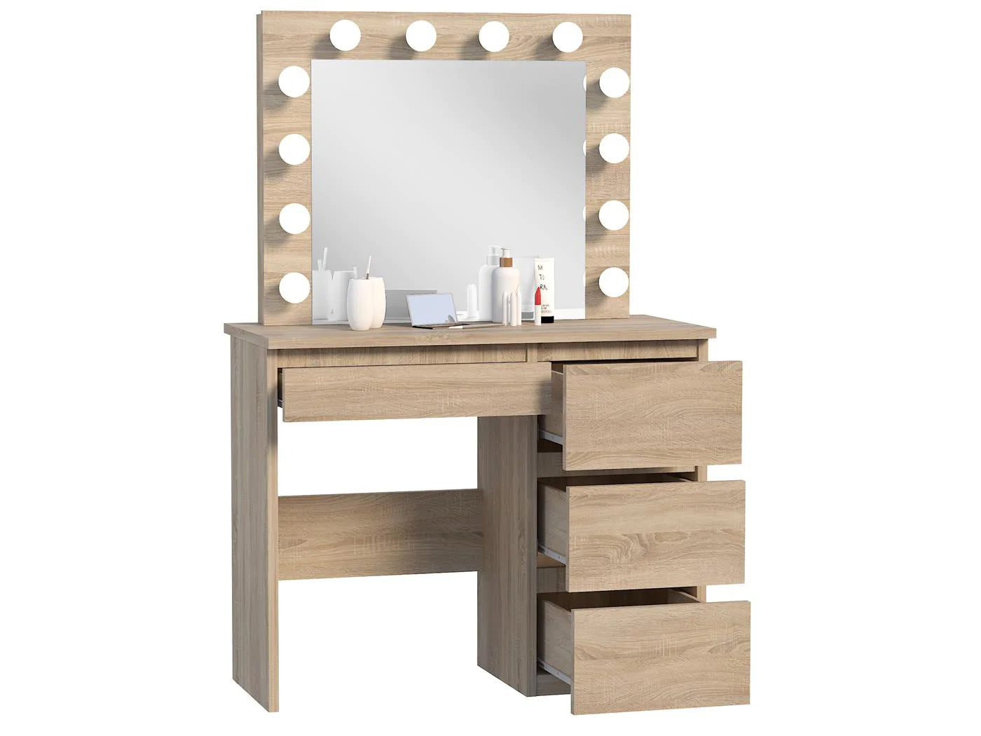Masa de toaleta si machiaj Hollywood cu oglinda LED si 4 sertare, 94x43x140 cm, stejar - 2