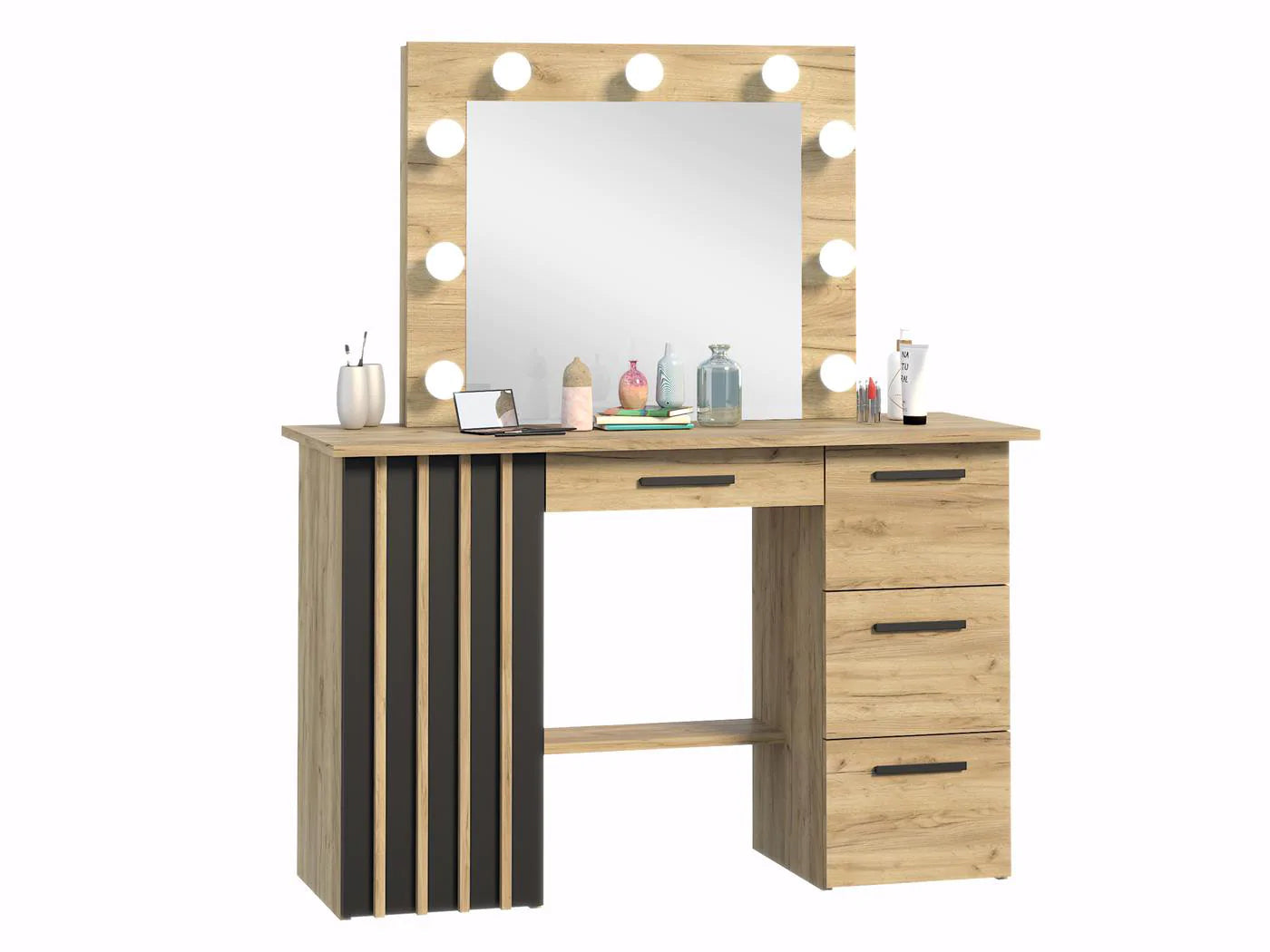Masa de toaleta si machiaj suspendabila 120x45x140 cm cu oglinda LED si 4 sertare, craft si negru - 2