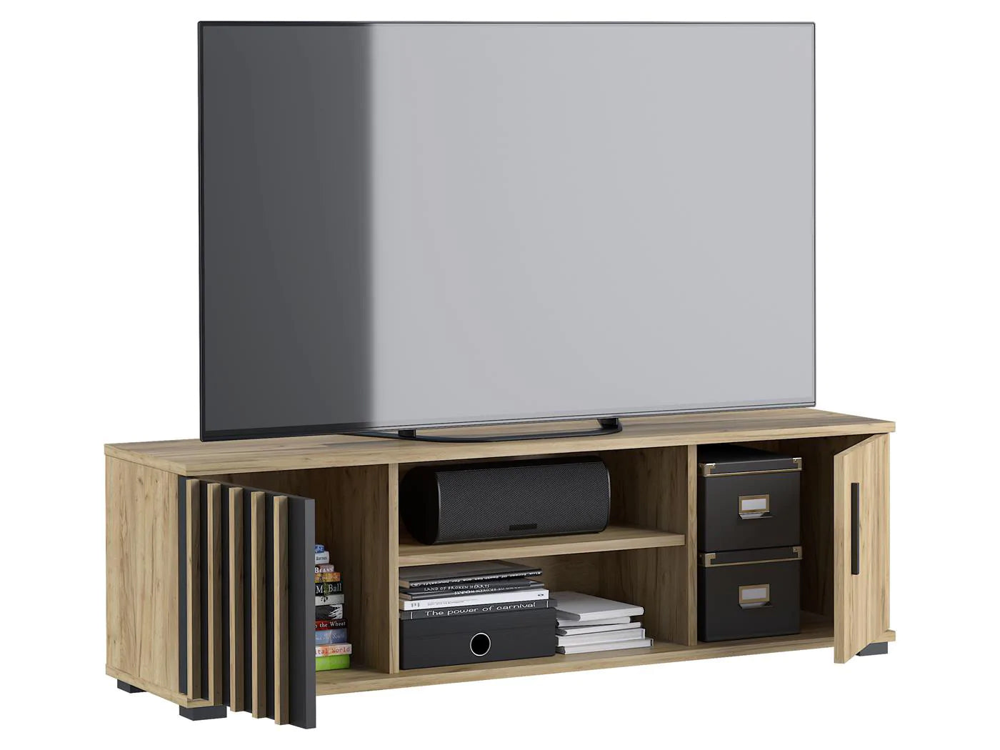 Comoda TV moderna 140x37 cm cu 2 usi si rafturi, finisaj craft cu negru - 3