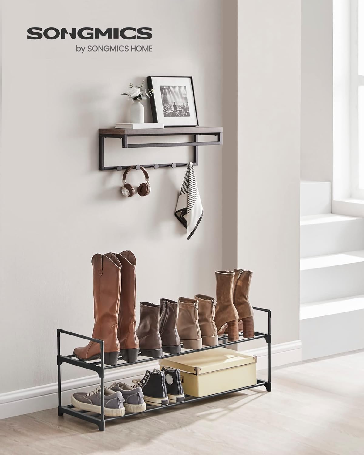 SONGMICS Suport pantofi 92x30x34 cm, 2 niveluri, suprapozabil, structura metalica, negru