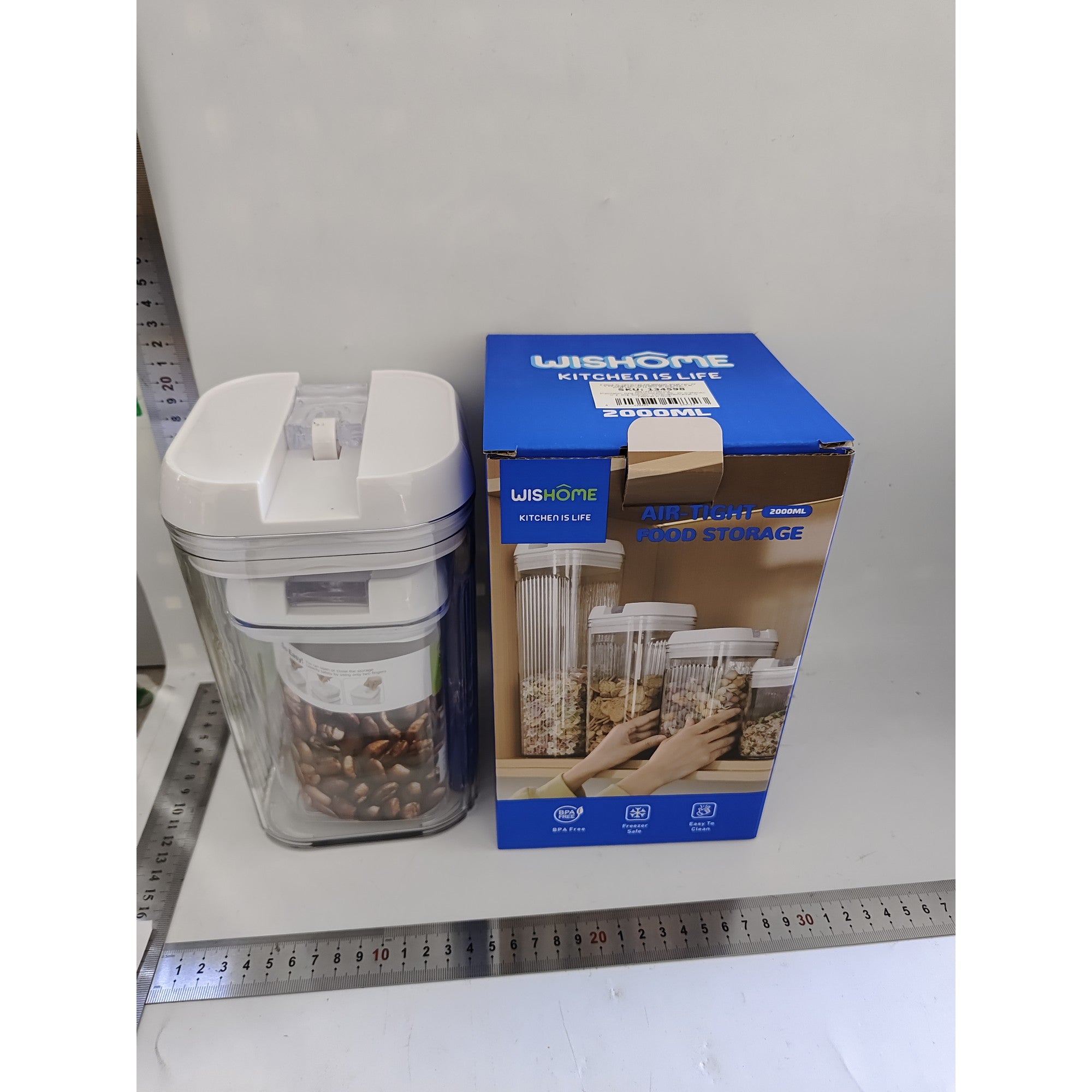Cutii de Depozitare Alimente, Set din 2 Cutii de tip Container, Recipiente pentru Cereale in Bucatarie, 0.8 L-10x15.5 cm, 2 L-12.5x12.5x21.5 cm, Transparente cu Capac Alb