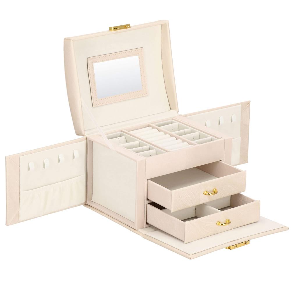Cutie depozitare si organizare bijuterii, piele ecologica + velur, 18 x 13,5 x 14cm, crem