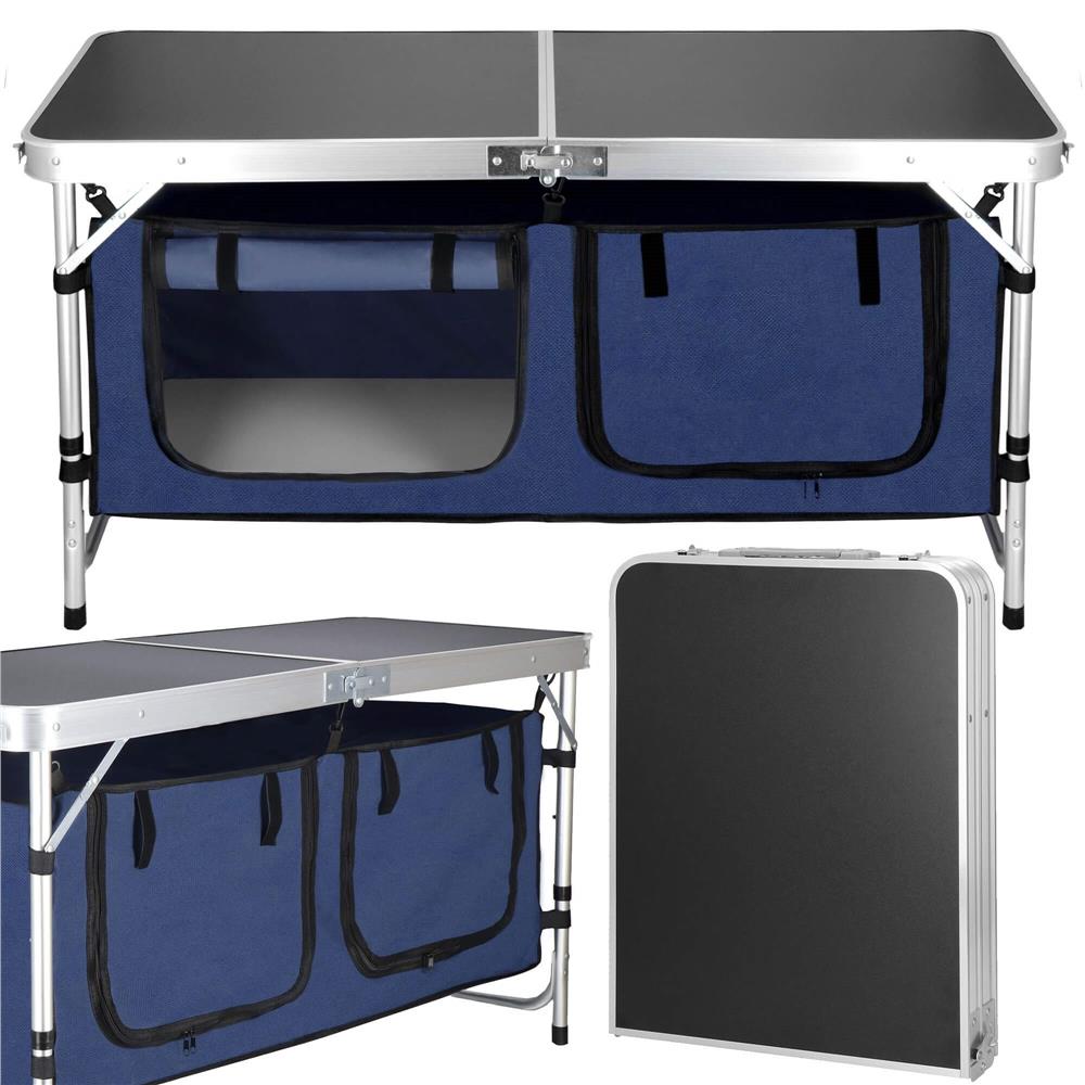 Masa camping pliabila cu spatiu depzoitare si cadru din aluminiu, blat MDF, 120x47x62/71cm, gri