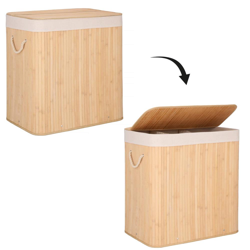 Cos de rufe din bambus, pliabil, cu captuseala detasabila lavabila, 3 compartimente, 150L, 63x42x62cm, maro
