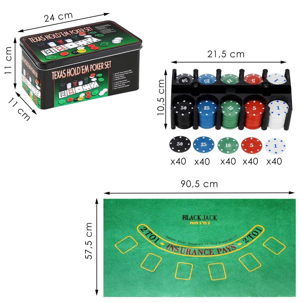 Set de Poker Complex cu 200 de jetoane, covoras verde, 2 seturi de carti, in cutie metalica