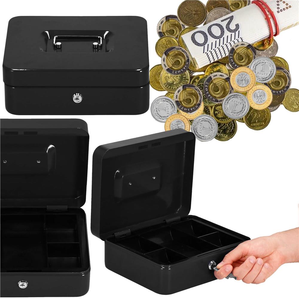 Caseta pentru bani tip cutie de valori, compartimentanta, cu cheie, metal, 30x24x9cm, negru