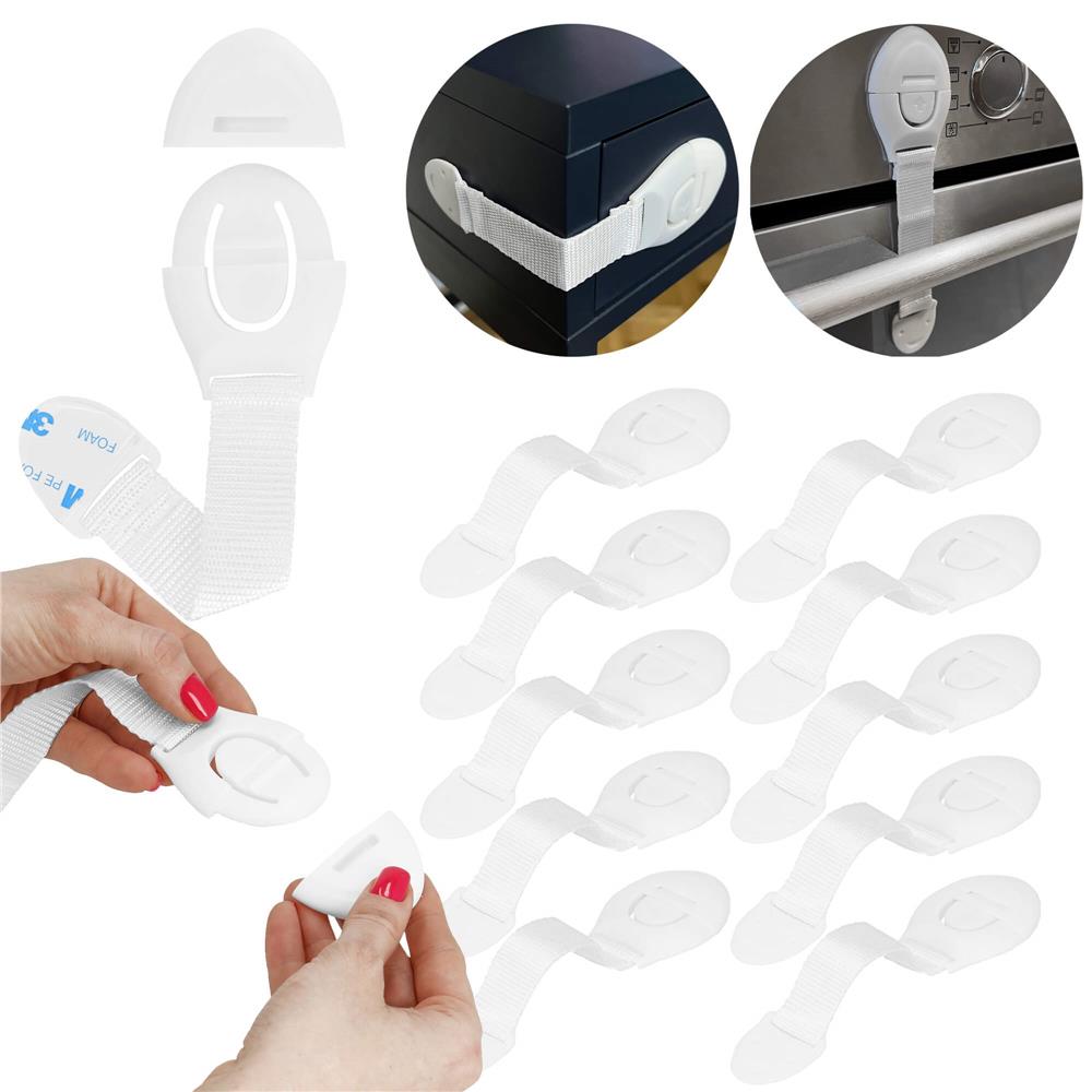 Set 10 sigurante blocator sertare si usi, plastic si textil, ajustabile, 20 cm, alb - 20