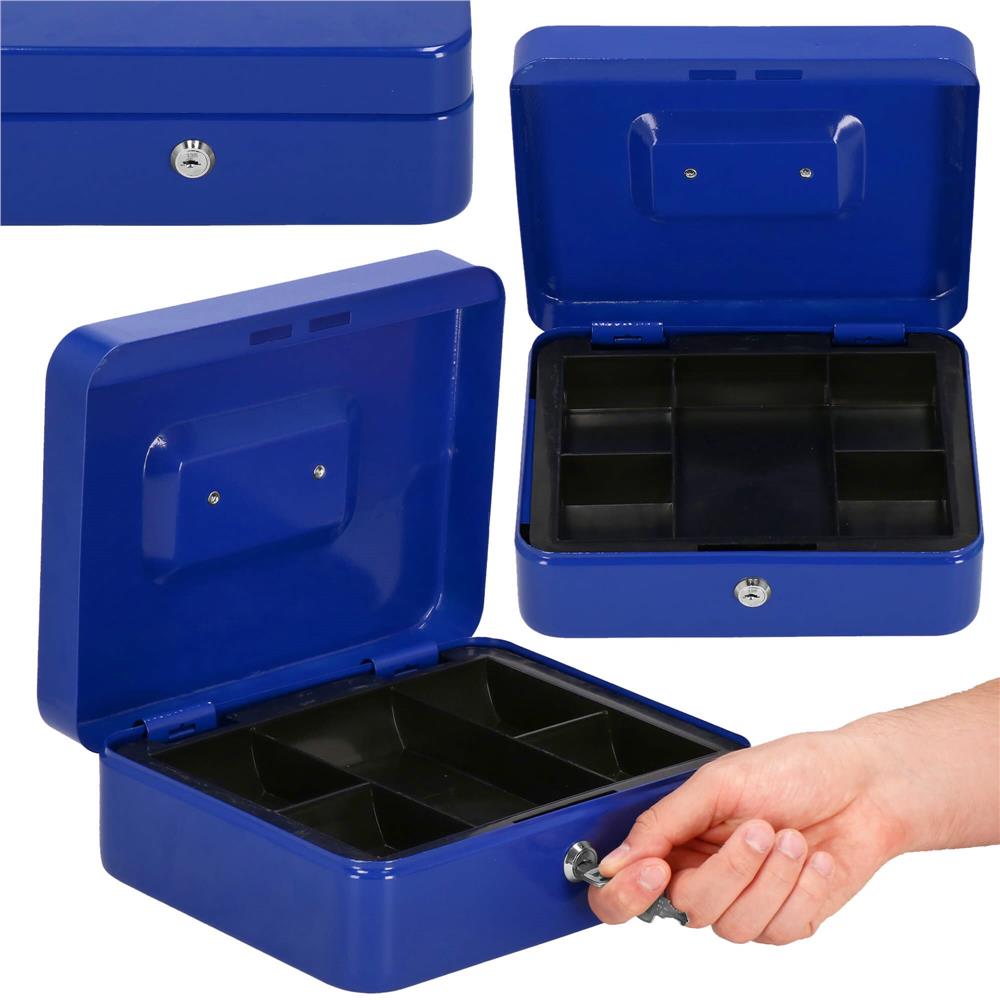 Caseta pentru bani tip cutie de valori, compartimentanta, cu cheie, metal, 20x16x9cm, albastru