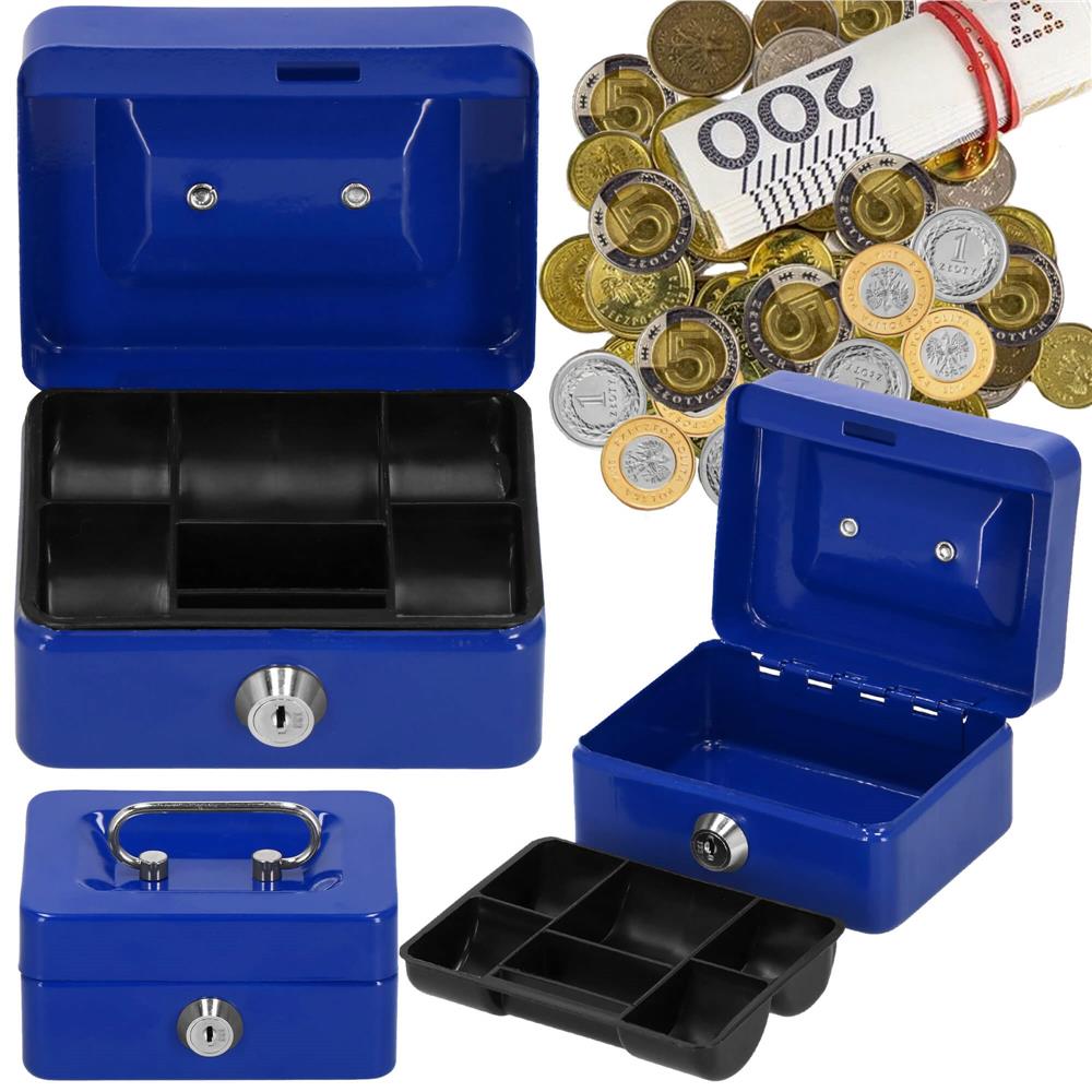 Caseta pentru bani tip cutie de valori, compartimentanta, cu cheie, metal, 12.5x9.5x6.5cm, albastru