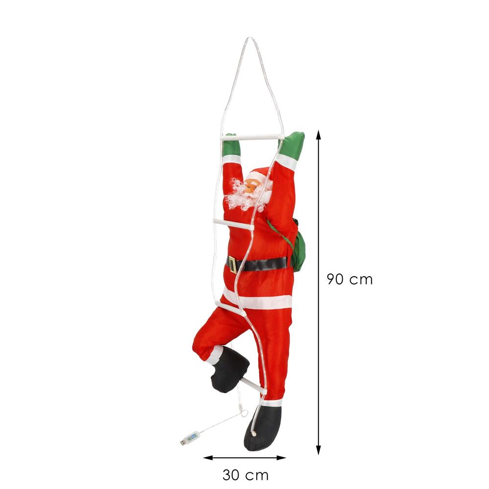 Figurina Craciun, Mos Craciun pe scara, cu iluminare LED, alimentare USB, pentru interior
