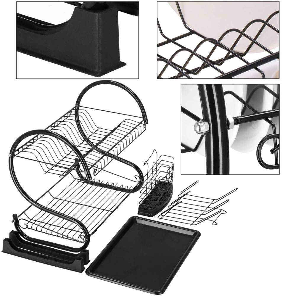 Uscator de vase cu suport pahare si tacamuri, din otel, pe 2 nivele, cu tava de scurgere, 52x25x37cm, negru
