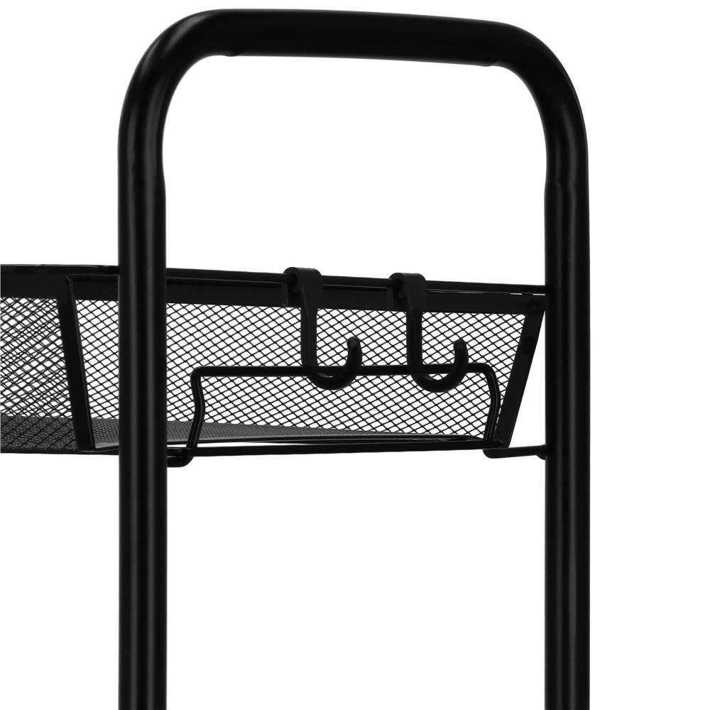 Raft metalic mobil tip carucior pentru bucatarie, 4 polite si 4 agatatori, negru, 44x26x85cm