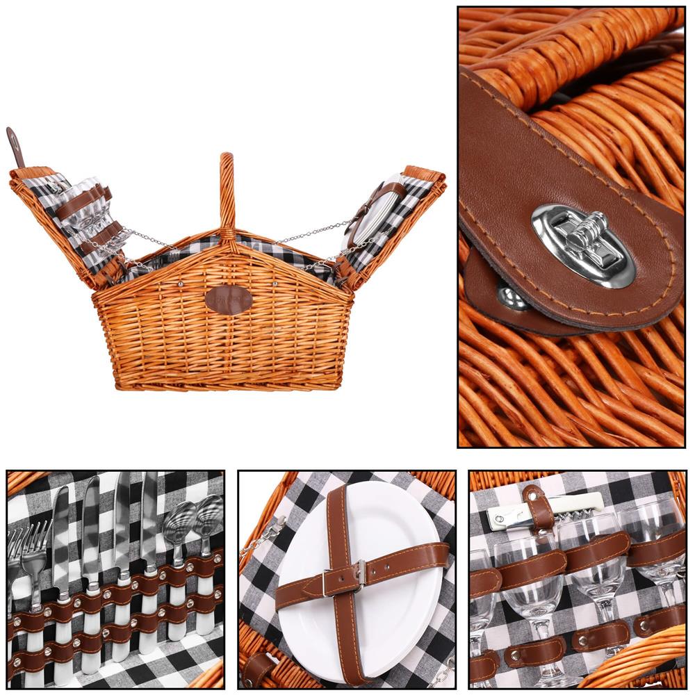 Cos de picnic echipat pentru 4 persoane Deluxe, din rachita, cu vesela si tacamuri, izolat termic, maro