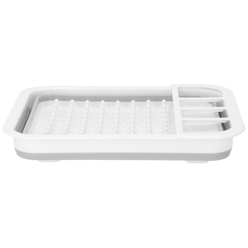 Uscator de vase pliabil, din pastic si silicon, 36x31x12cm, suport tacamuri, alb si gri