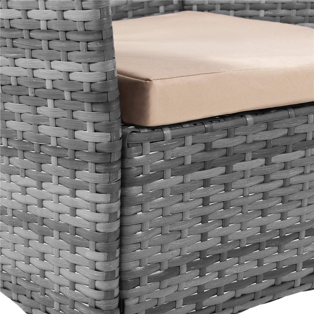 Set mobilier terasa, din tehnorattan, masa cu blat sticla securizata, 2 fotolii si 1 canapea cu perne, gri