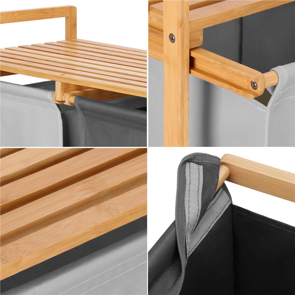 Cos de rufe din bambus, cu 2 saci detasabili, raft superior, capacitate de 40L per sac, 67x36x70cm, maro