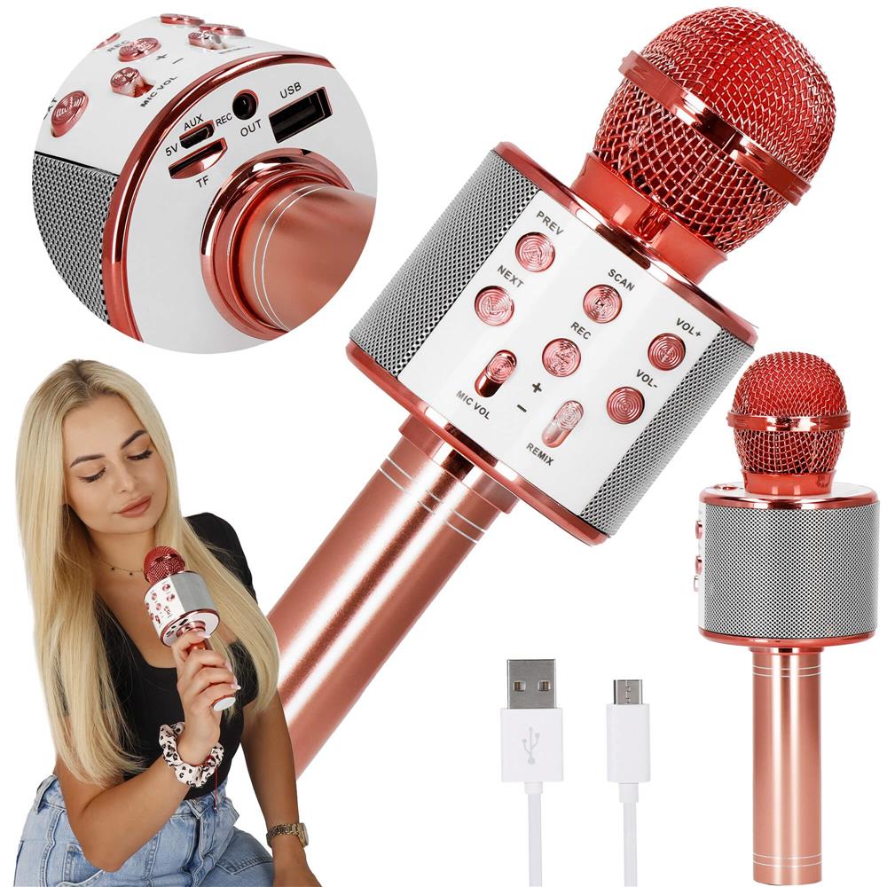 Microfon karaoke copii, wireless, cu acumulator, compatibil iOS si Android, functie de schimbare a vocii, roz
