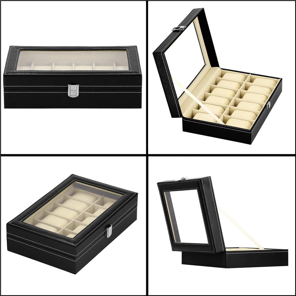Cutie depozitare si organizare ceasuri, MDF, piele ecologica, 30x20x8cm, negru interior crem