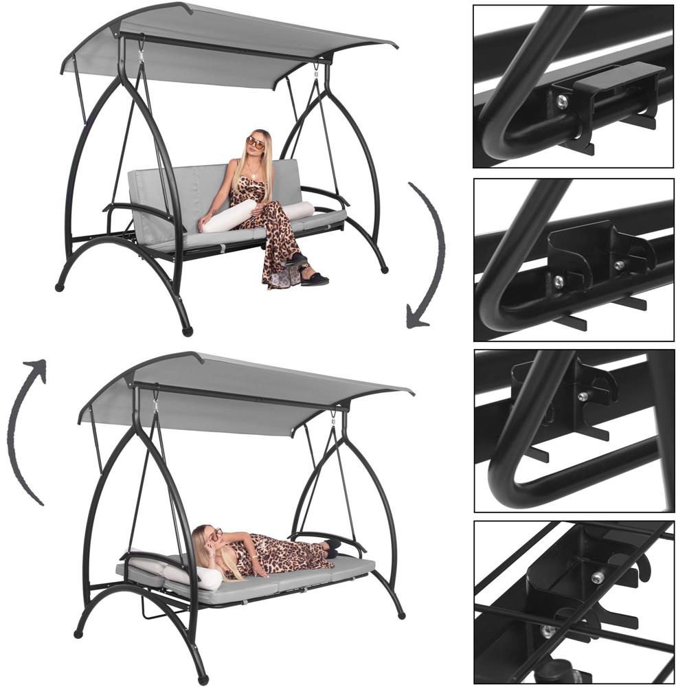 Balansoar gradina 230x136x190 cm, 2 in 1 leagan si pat, copertina reglabila, saltea si perne incluse, cadru otel, gri si ecru