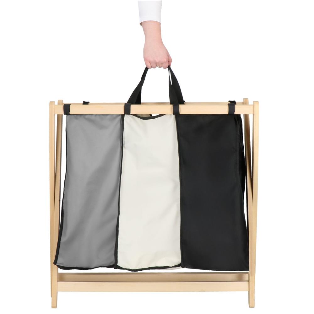 Cos de rufe cu 3 compartimente, cadru din lemn, 67x43x55 cm, 105 litri