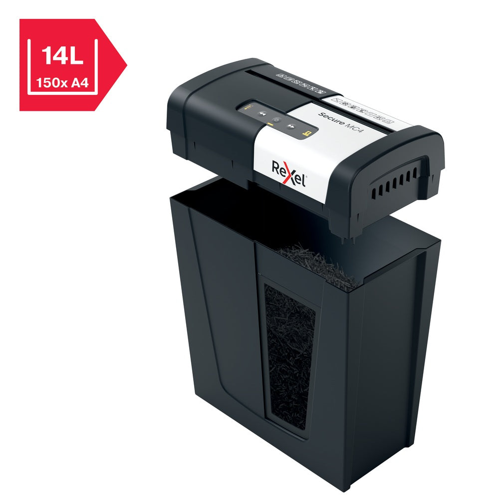 Distrugator manual documente Rexel SECURE MC4, 4 coli, P5, micro-cut (tip particule), cos 14 litri, negru-argintiu, "2020129EU"