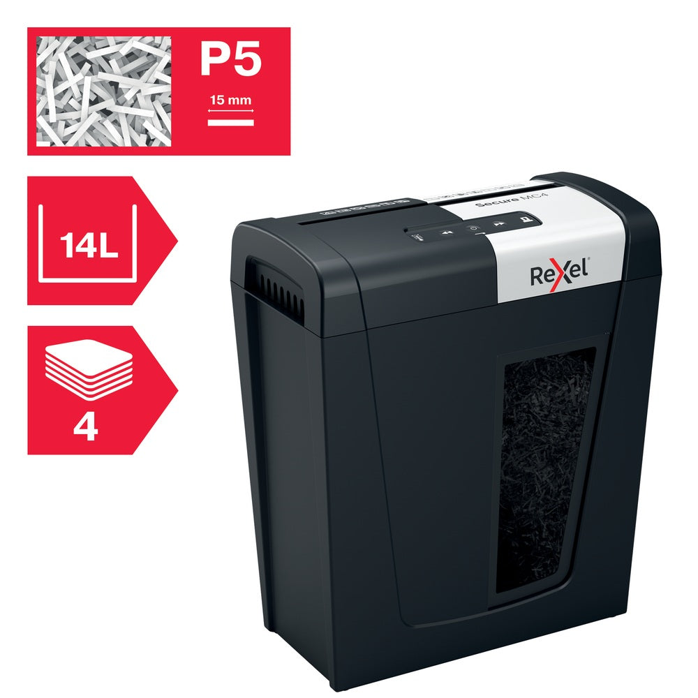 Distrugator manual documente Rexel SECURE MC4, 4 coli, P5, micro-cut (tip particule), cos 14 litri, negru-argintiu, "2020129EU"