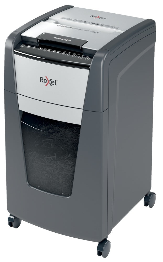 Distrugator automat documente REXEL OPTIMUM 300X, 300 coli, P4, cross-cut (tip confeti), cos 60 litri, negru-gri